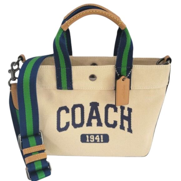 Coach 1941 Canvas Tote Bag Khaki Tan with Green Navy Strap Logo Patch Crossbody - Picture 1 of 4